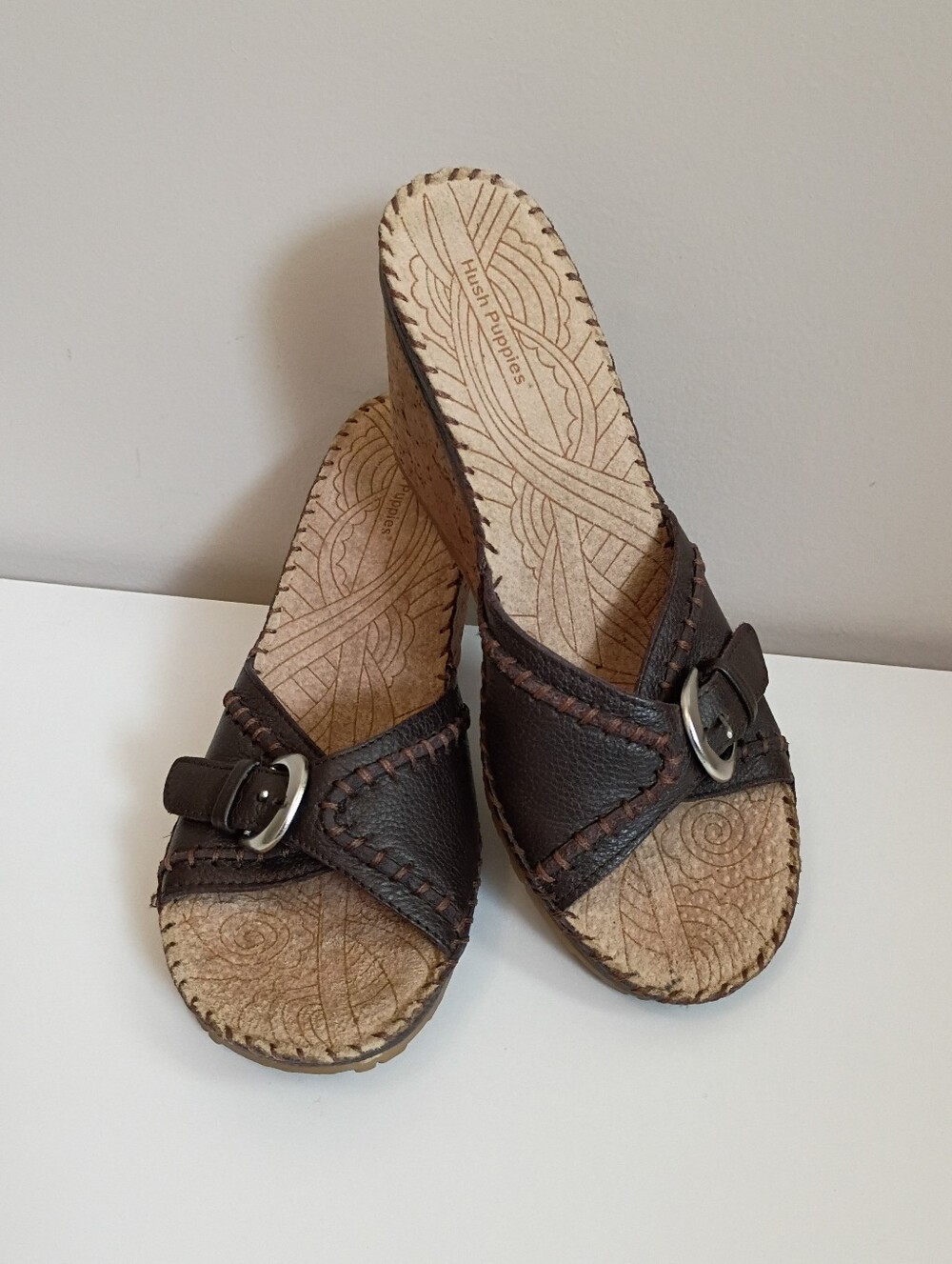 Worn - Hush Puppies Dark Brown Leather Slip-On Sandals with Buckle